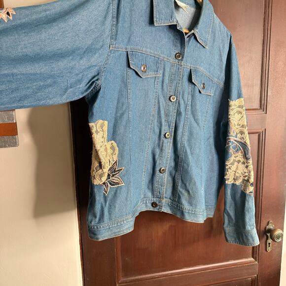 90s Vintage FLORISSANT | Denim Jacket with Lace Applique and sequins | 2XL - Picture 4 of 6